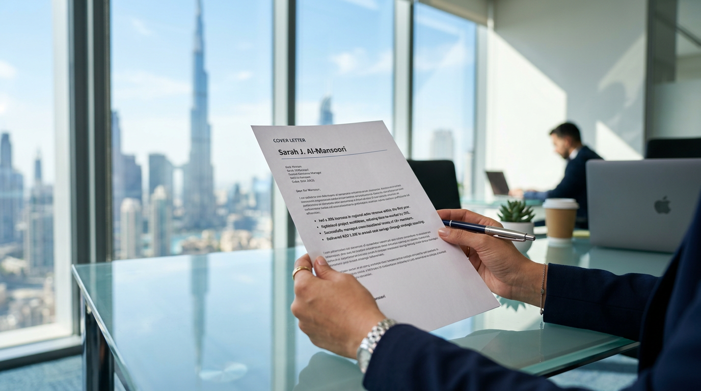 A hiring manager reviewing a well-structured UAE cover letter on a desk in a modern Dubai office
