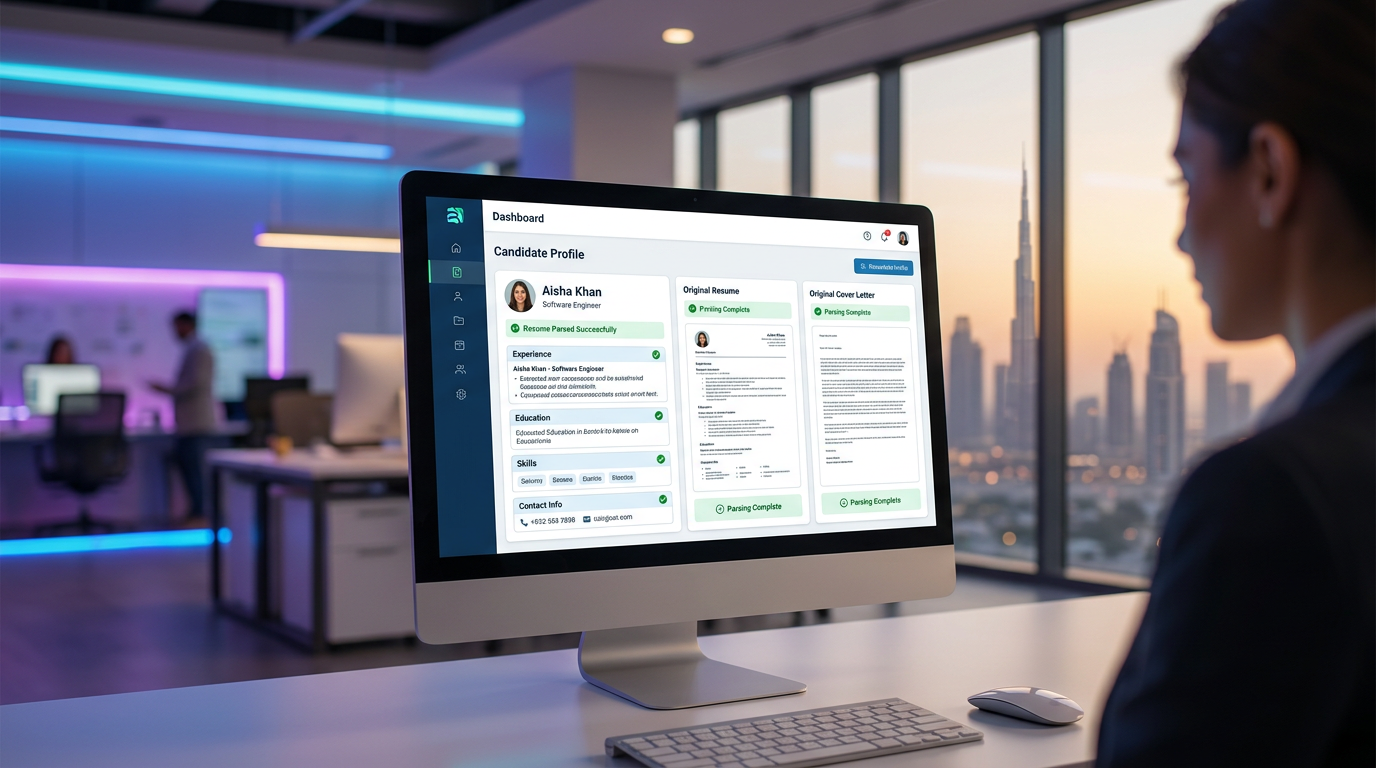 A modern computer screen showing an Applicant Tracking System parsing a resume and cover letter successfully