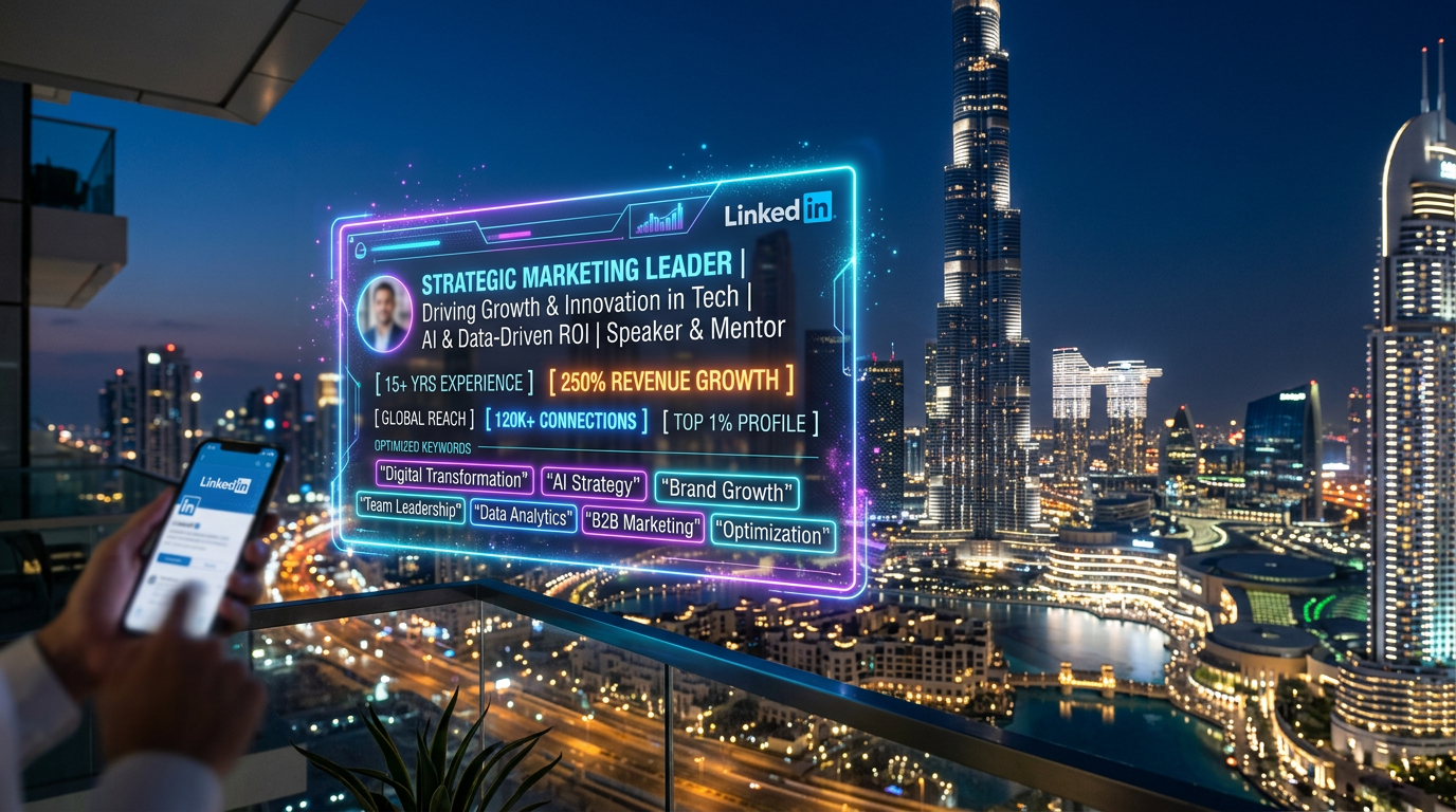 Digital display showing a highly optimized LinkedIn headline highlighting keywords against a Dubai skyline