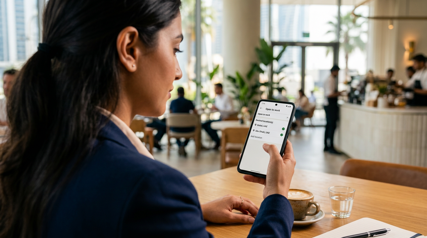 Professional holding a smartphone showing LinkedIn Open to Work preferences set to Dubai