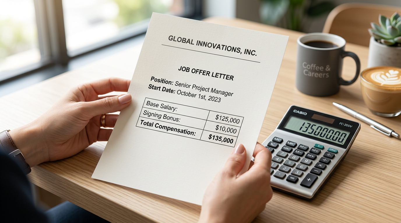 A close up of hands reviewing a printed UAE employment contract on a desk, next to a calculator.