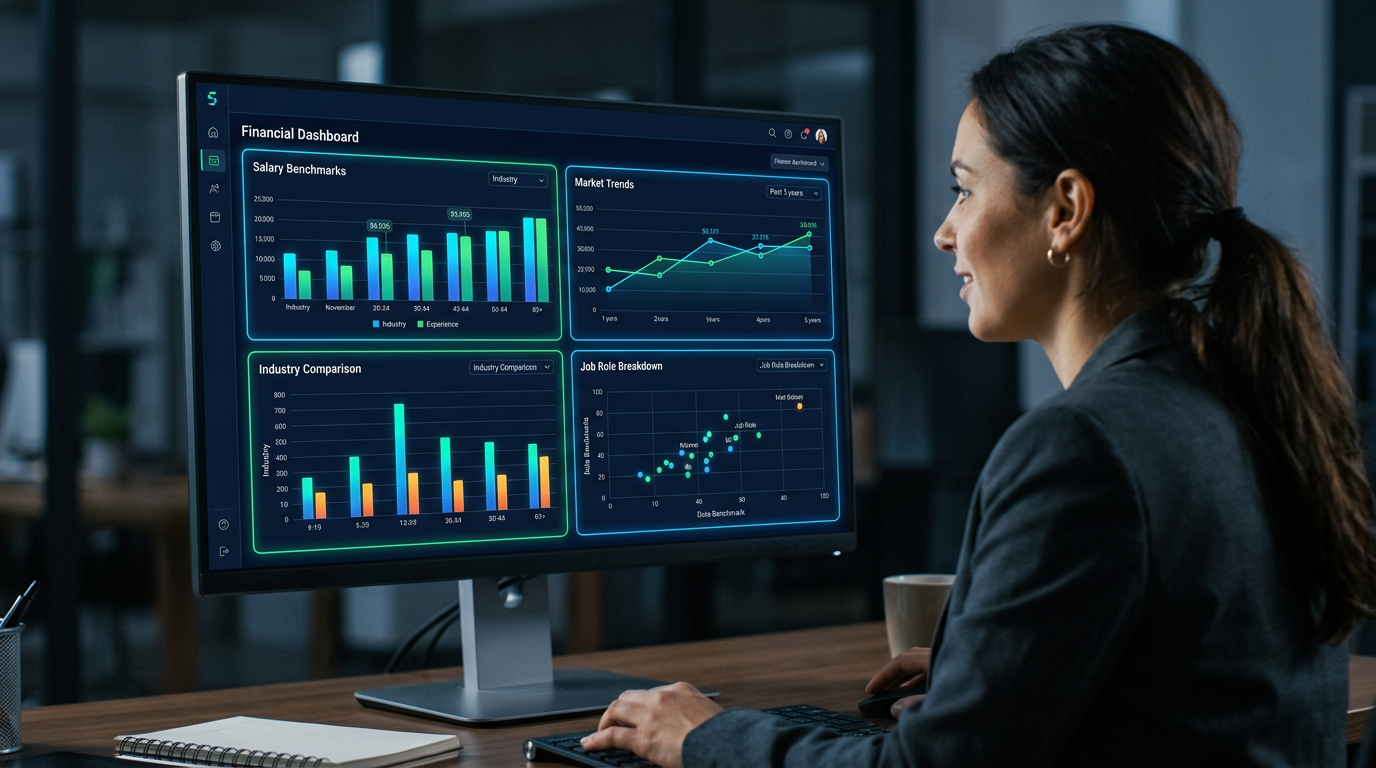 A professional digital dashboard displaying salary benchmarking graphs and financial data.