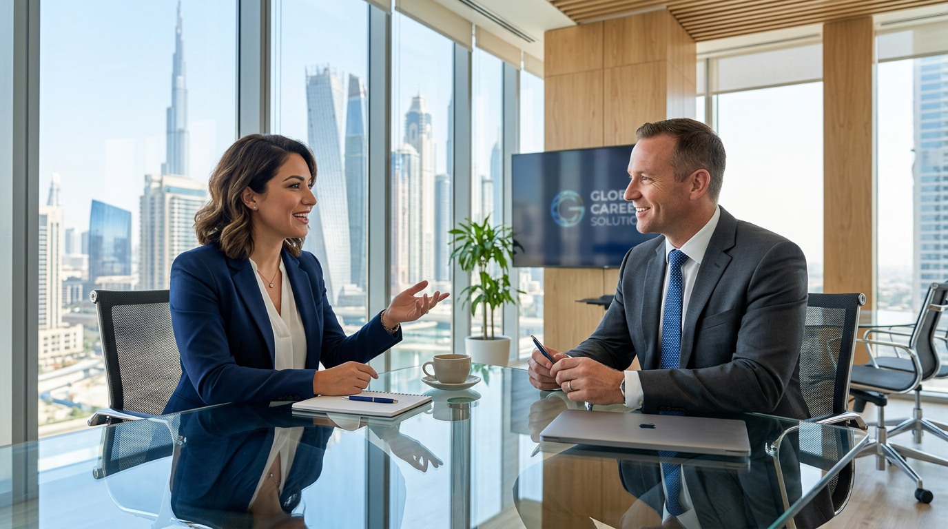 Two business professionals having a positive discussion in a modern Dubai boardroom.