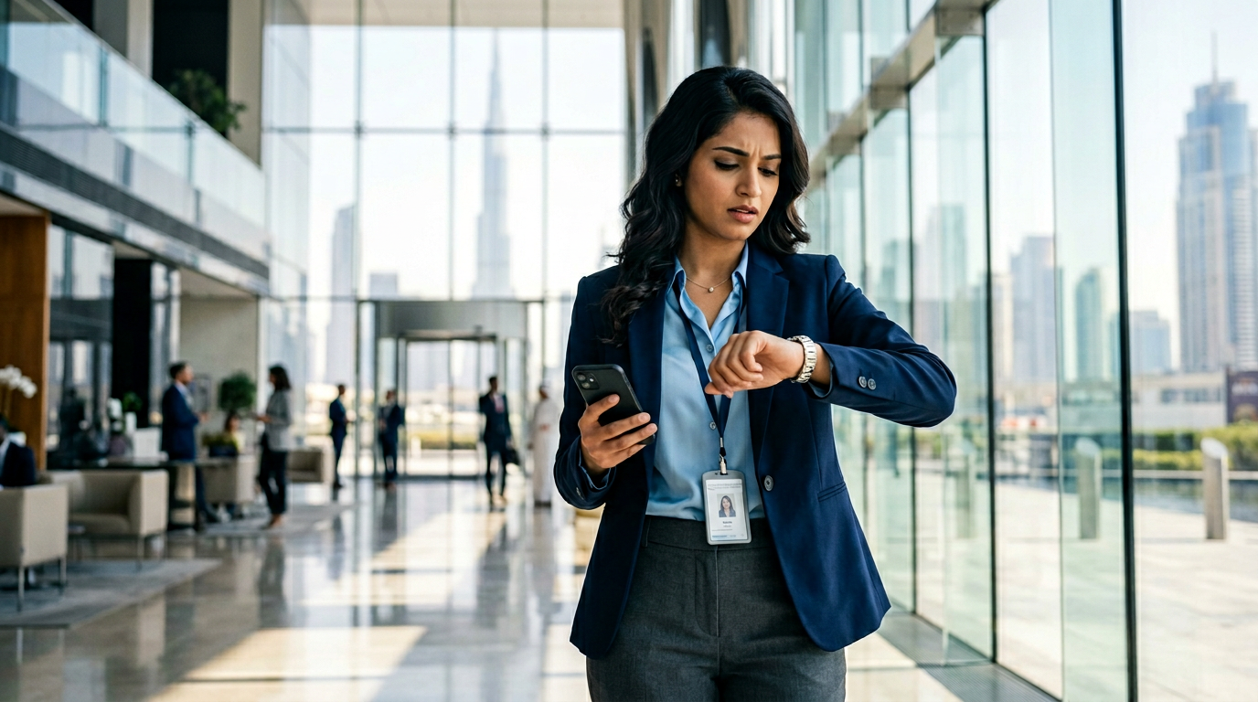 A professional checking their watch while holding a smartphone in a bright Dubai office lobby