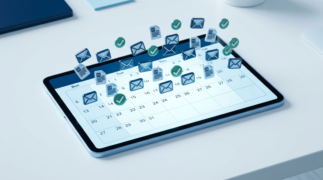 A digital calendar showing a 14 day schedule overlaid with job application icons