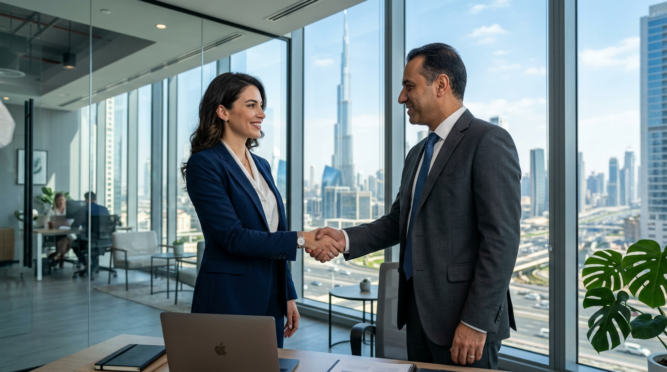 Expat candidate shaking hands with a corporate recruiter in a modern Dubai office