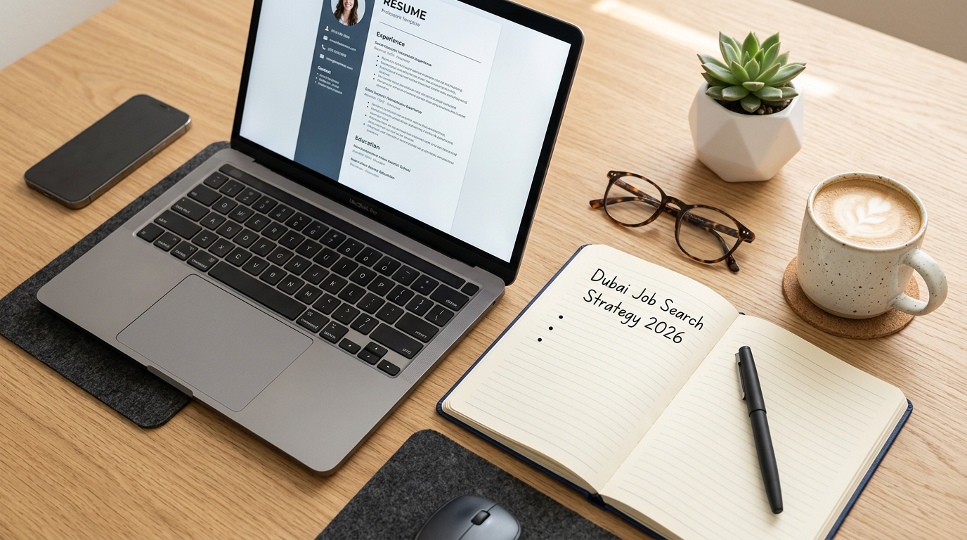 Modern desk setting with a sleek laptop displaying a professional resume