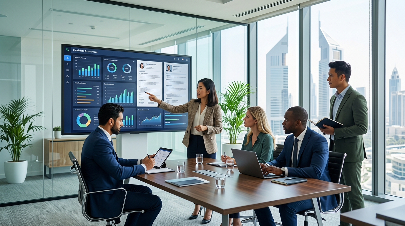 Diverse group of professional recruiters in a high-tech Dubai boardroom analyzing candidate profiles
