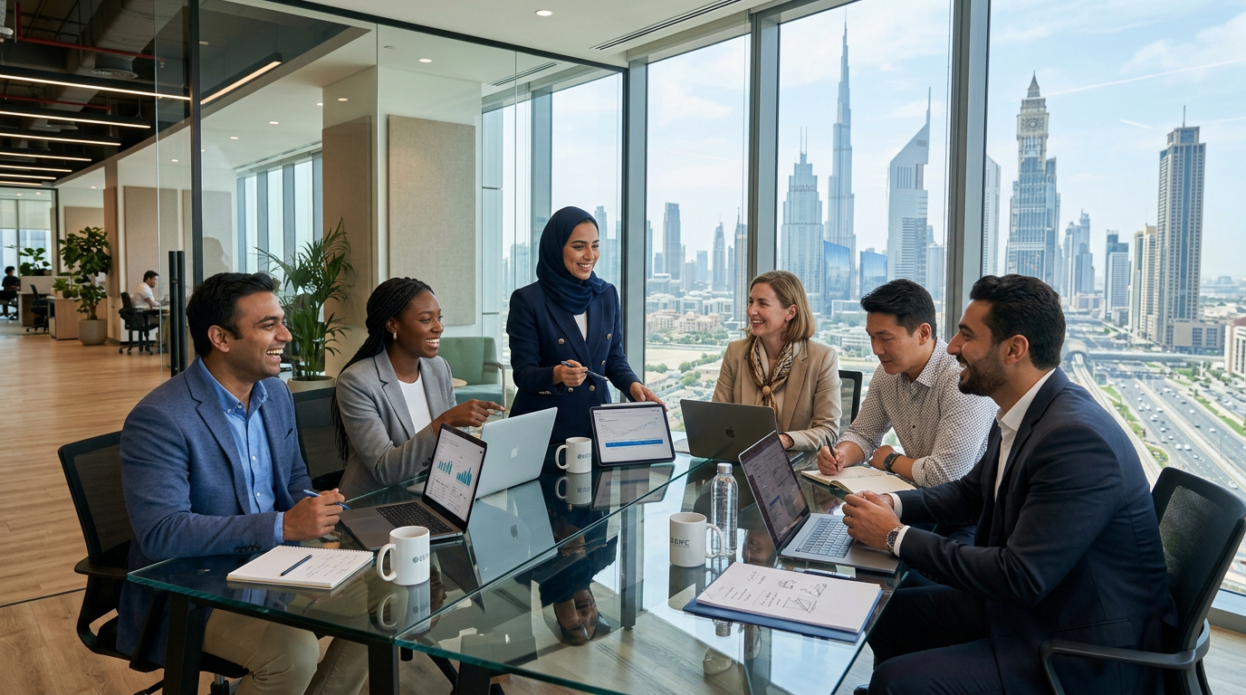 Diverse group of professionals collaborating in a modern Dubai office