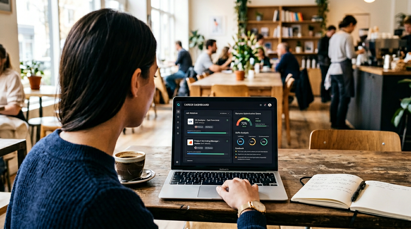 Professional reviewing an automated job application dashboard on a laptop