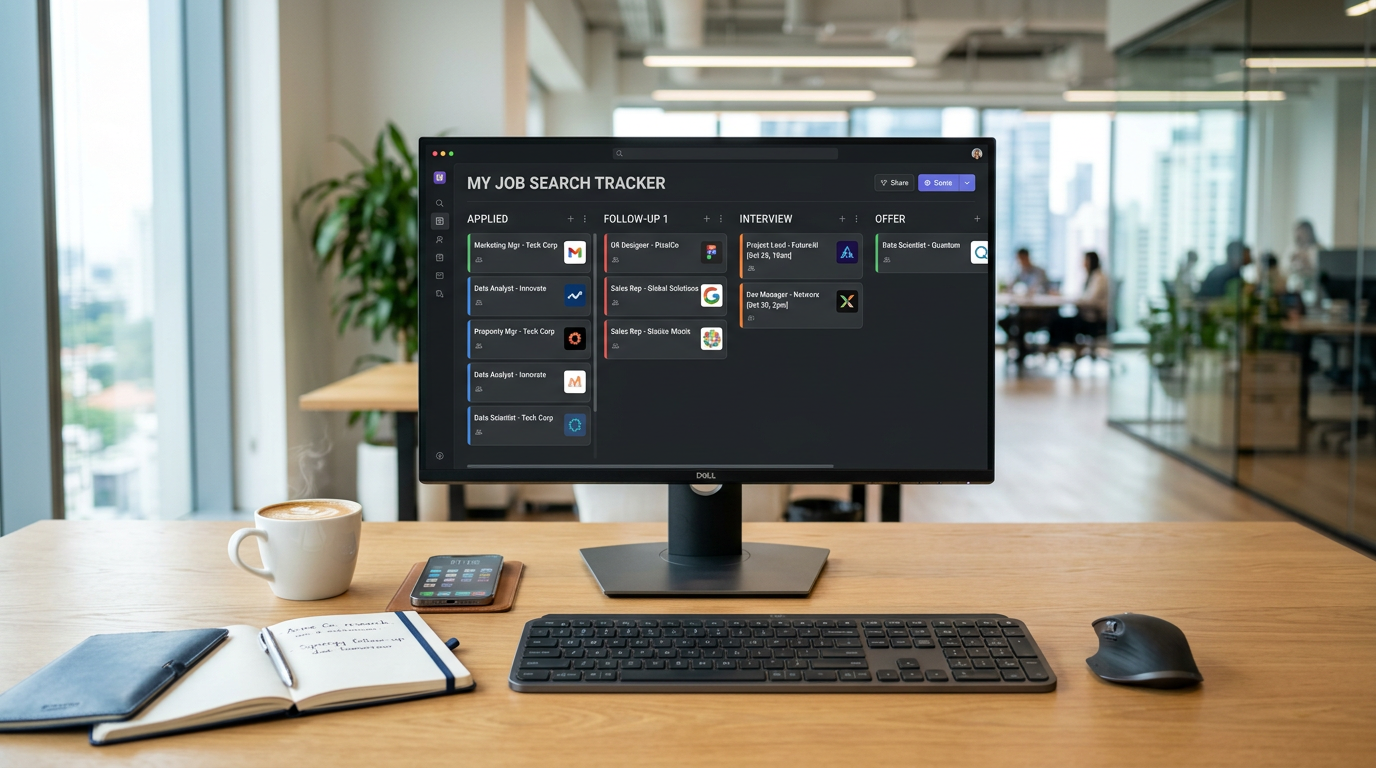 A modern job search tracking dashboard showing kanban style columns for applied jobs, follow-ups, and interviews.