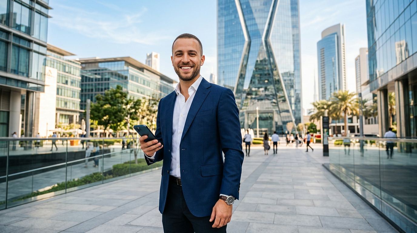 A sharply dressed professional expat networking confidently in the Dubai International Financial Centre (DIFC).