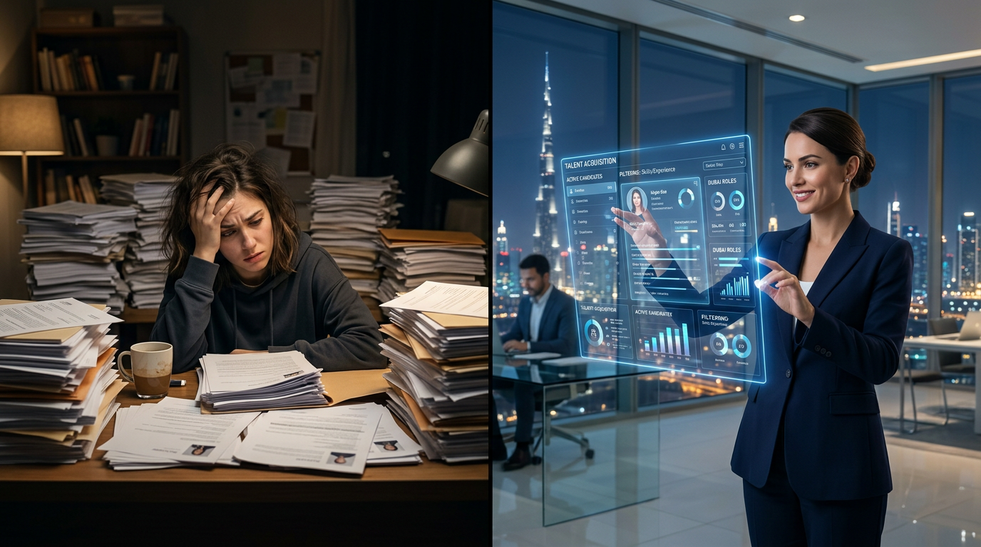Recruiter overwhelmed by digital resumes in a Dubai office