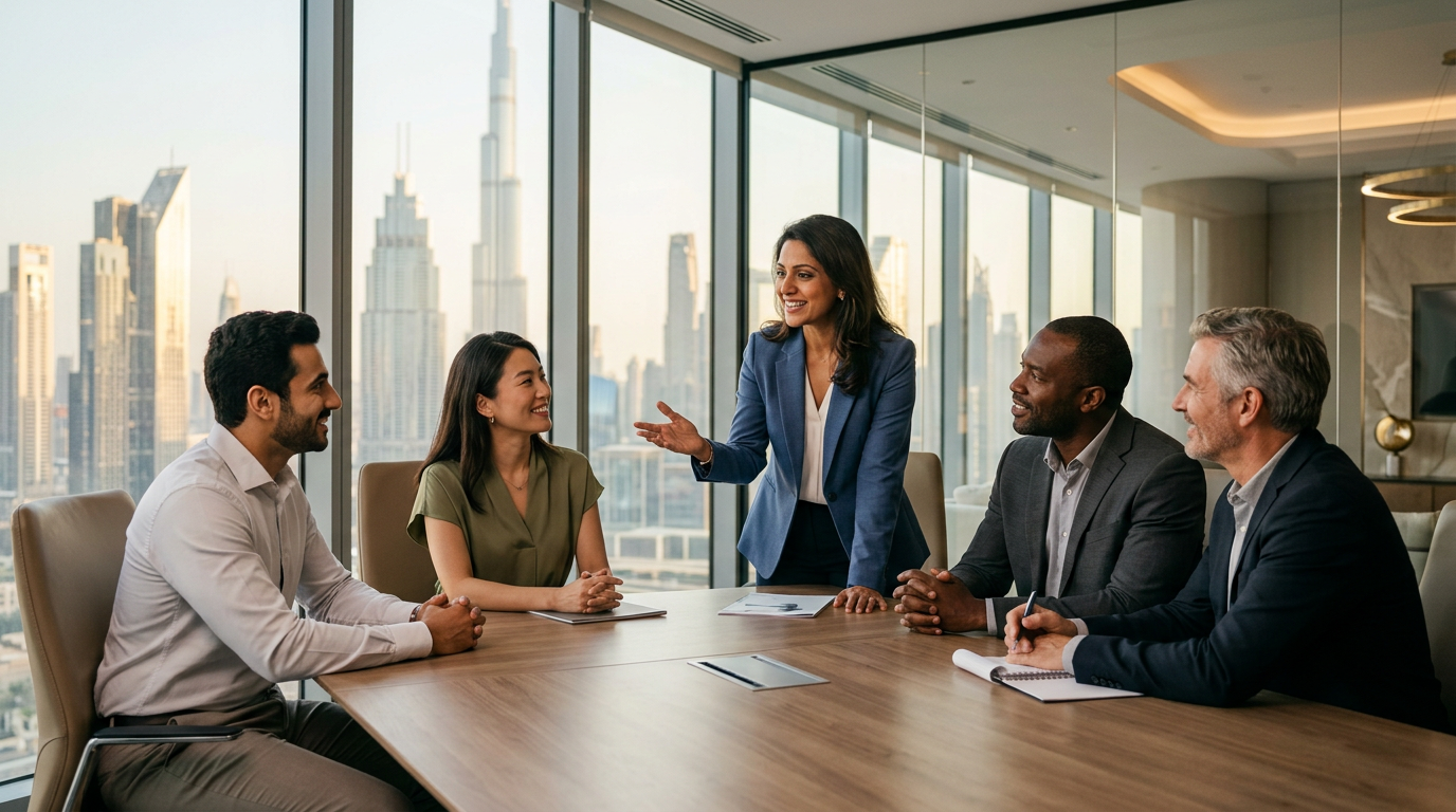 Diverse group of executives having a boardroom discussion in Dubai