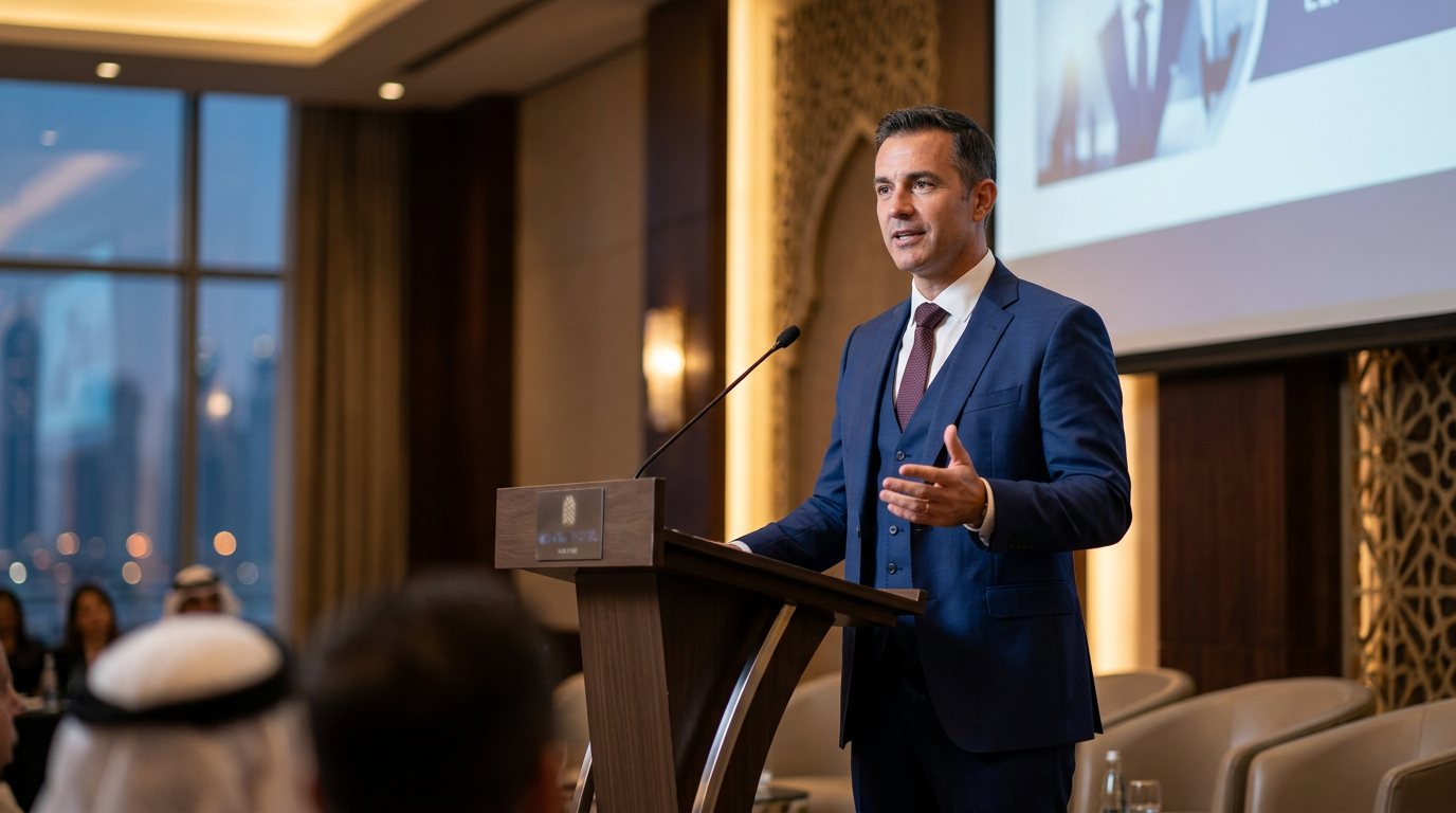 Executive speaking at a corporate podium in the UAE