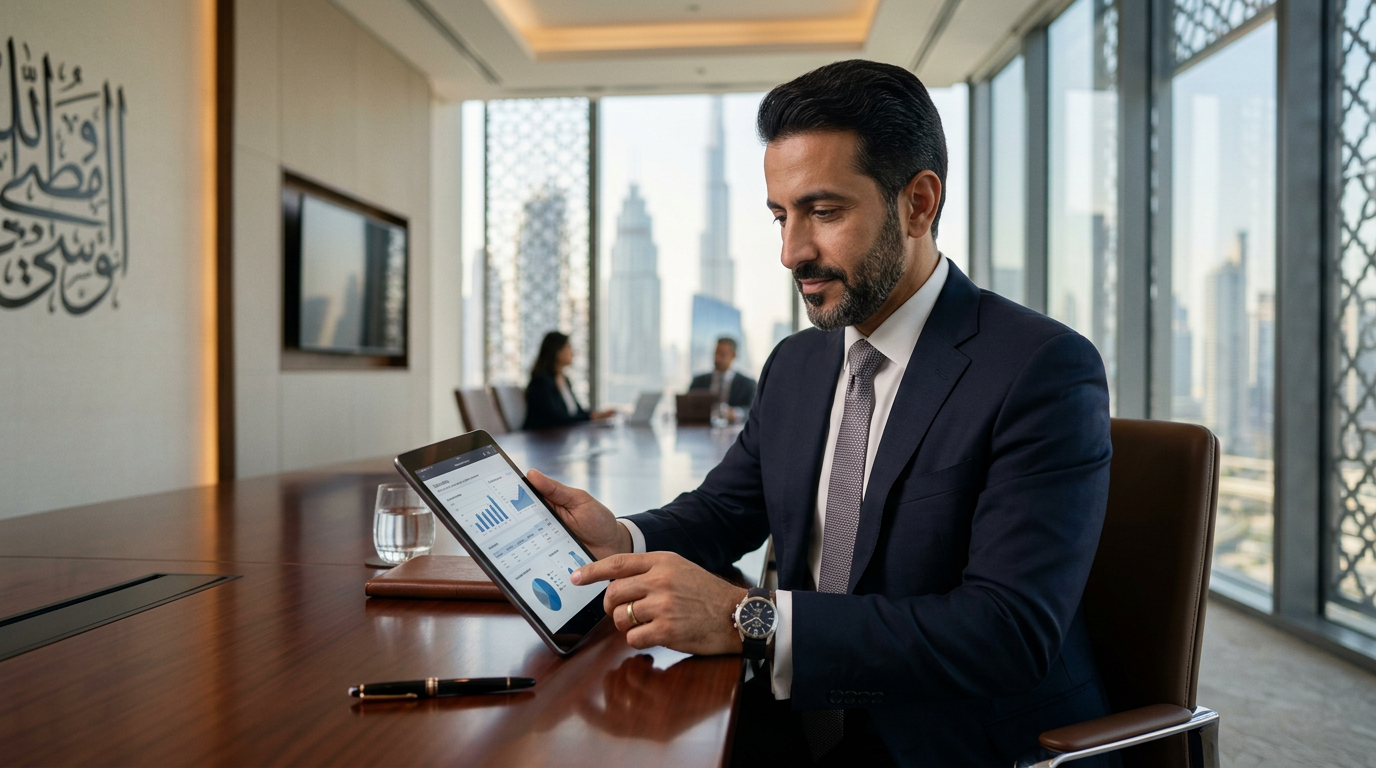 Modern executive reviewing data on a tablet in a Dubai office