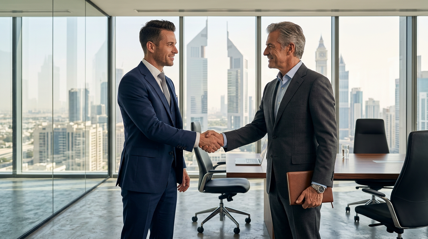 Real estate consultant in Dubai shaking hands with a high net worth investor