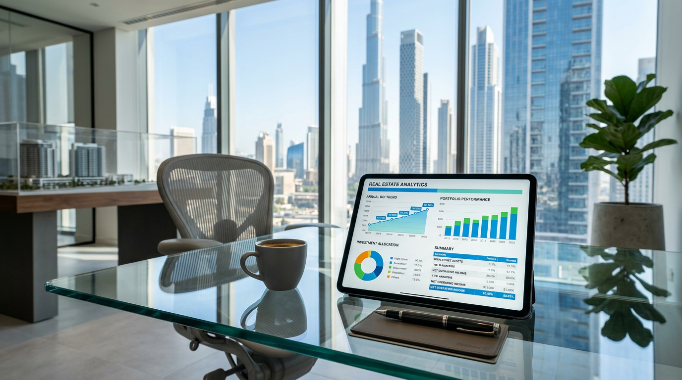 Modern desk with tablet showing real estate financial analytics in Dubai