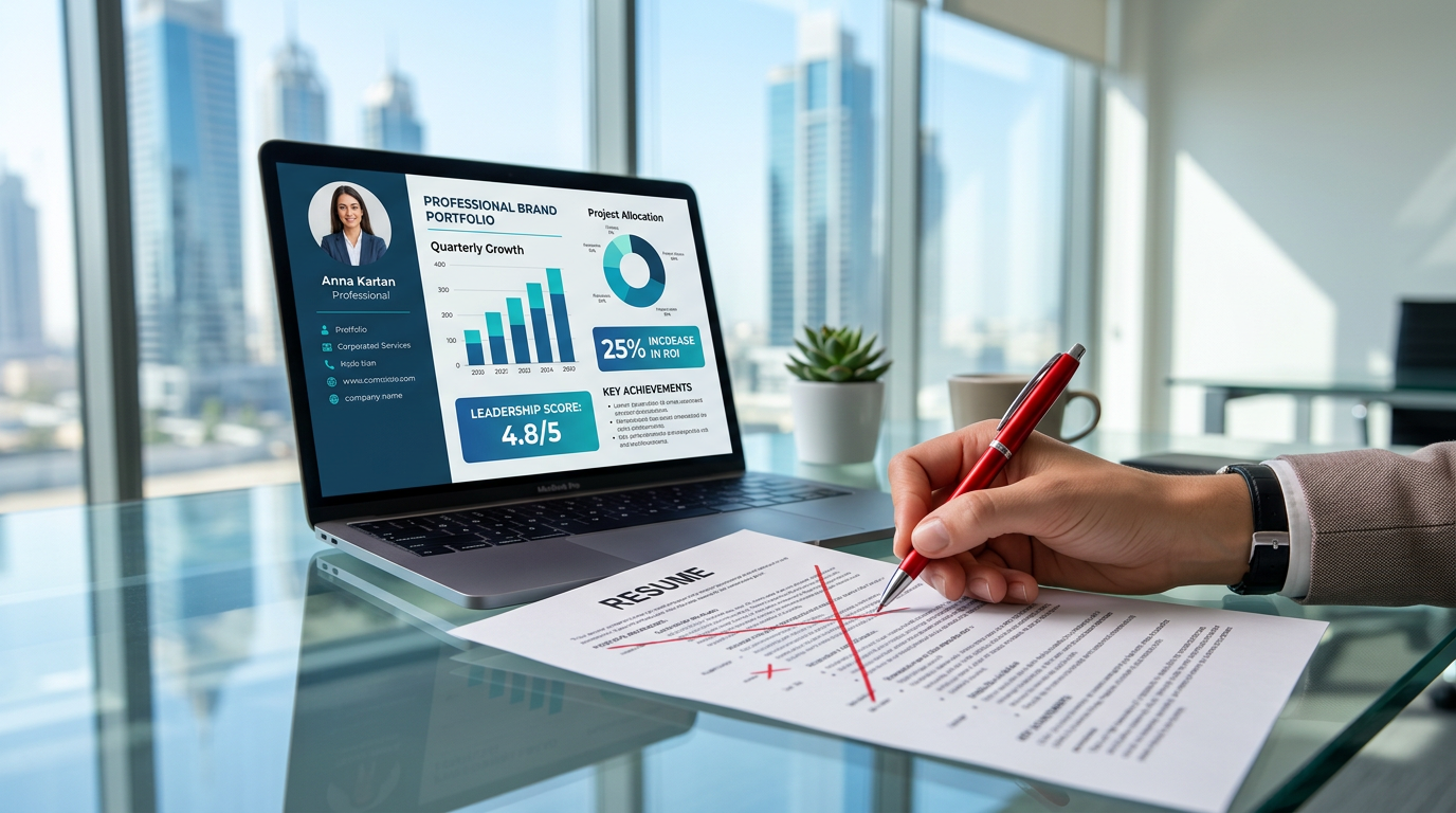A modern glass desk with a printed resume being crossed out, highlighting the need for career positioning