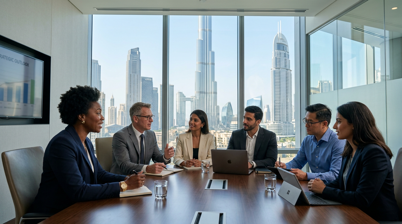 Diverse professionals demonstrating executive presence in a sleek Dubai boardroom