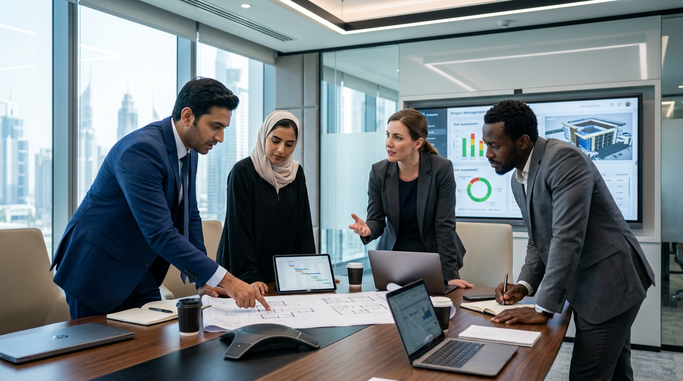 Professionals discussing project governance in a UAE boardroom