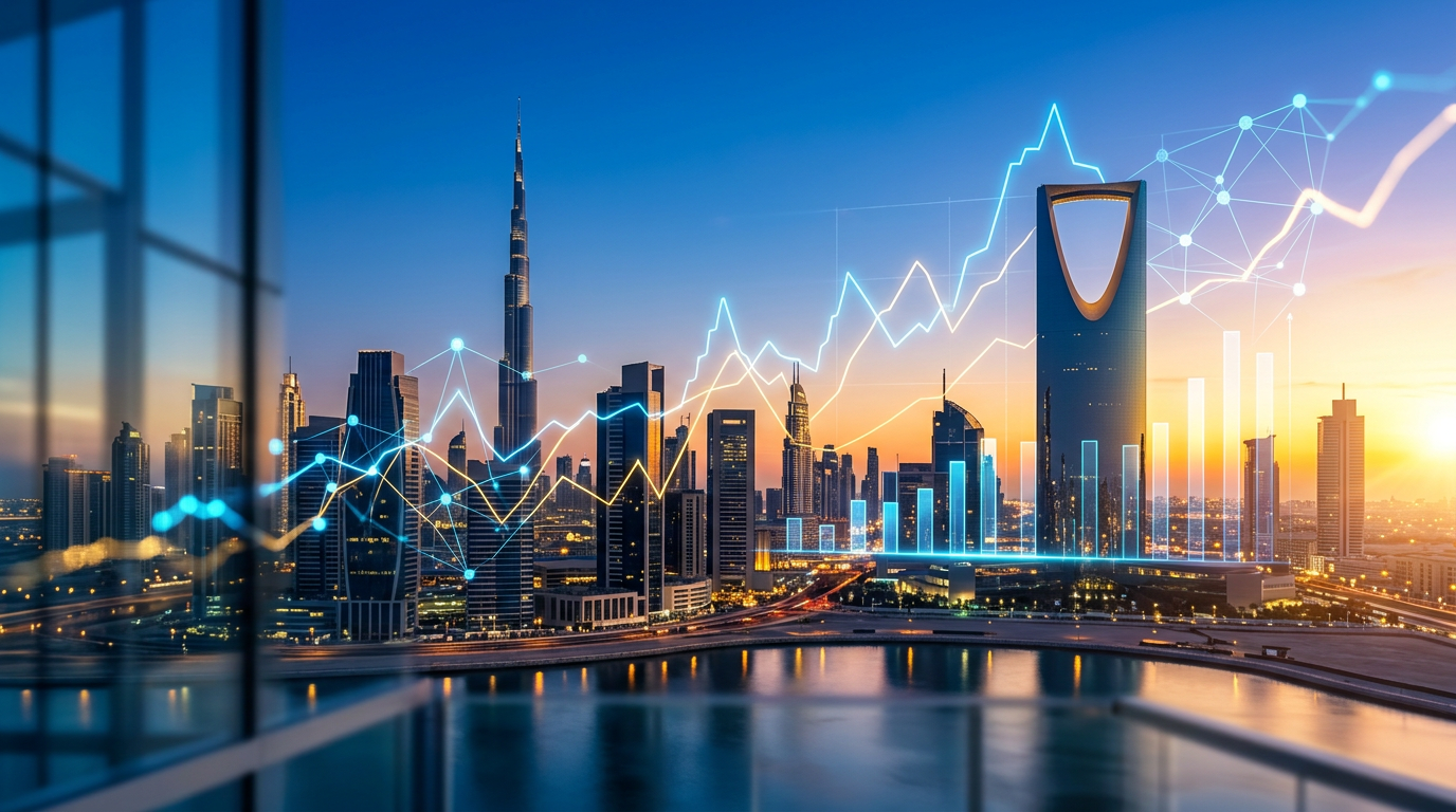Abstract risk management financial charts overlaying a Middle East skyline