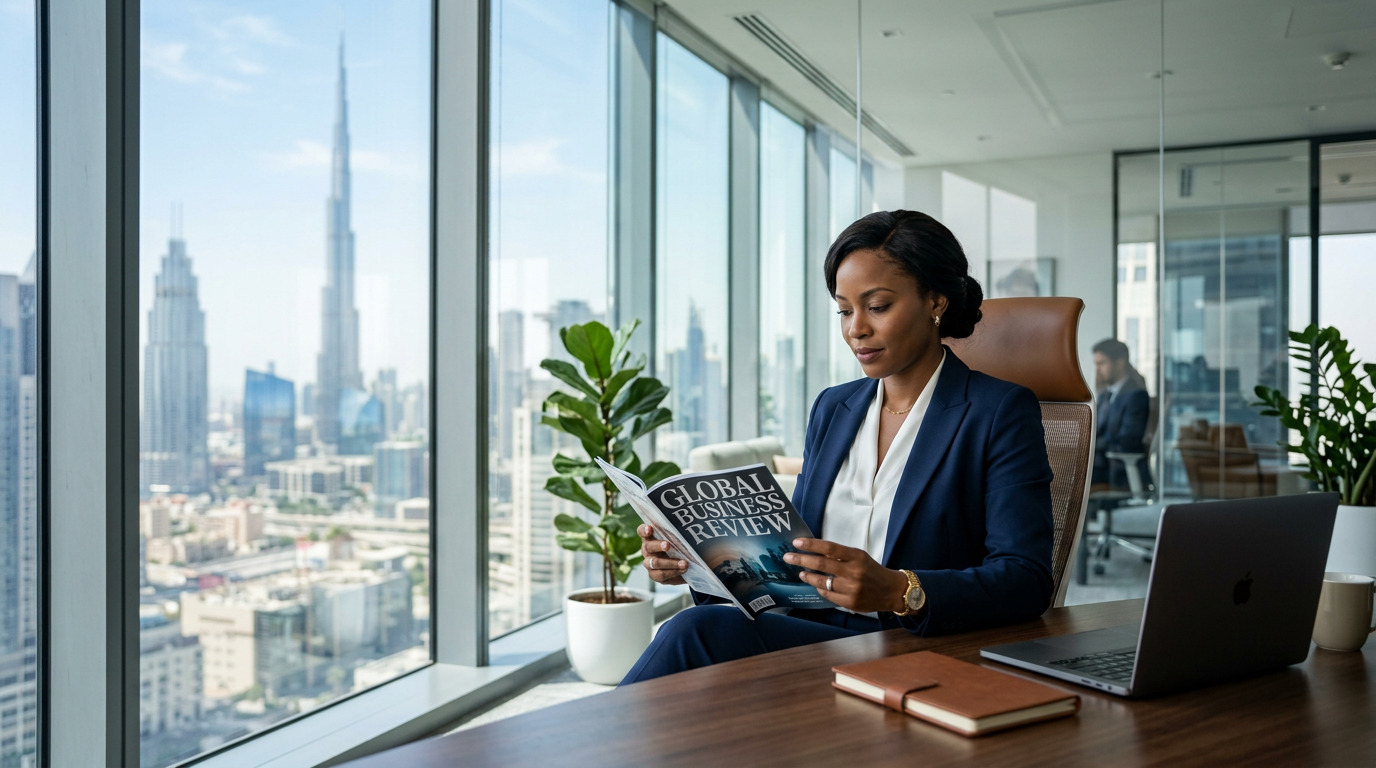 Executive reading Arabian Business magazine in a high-rise Dubai office
