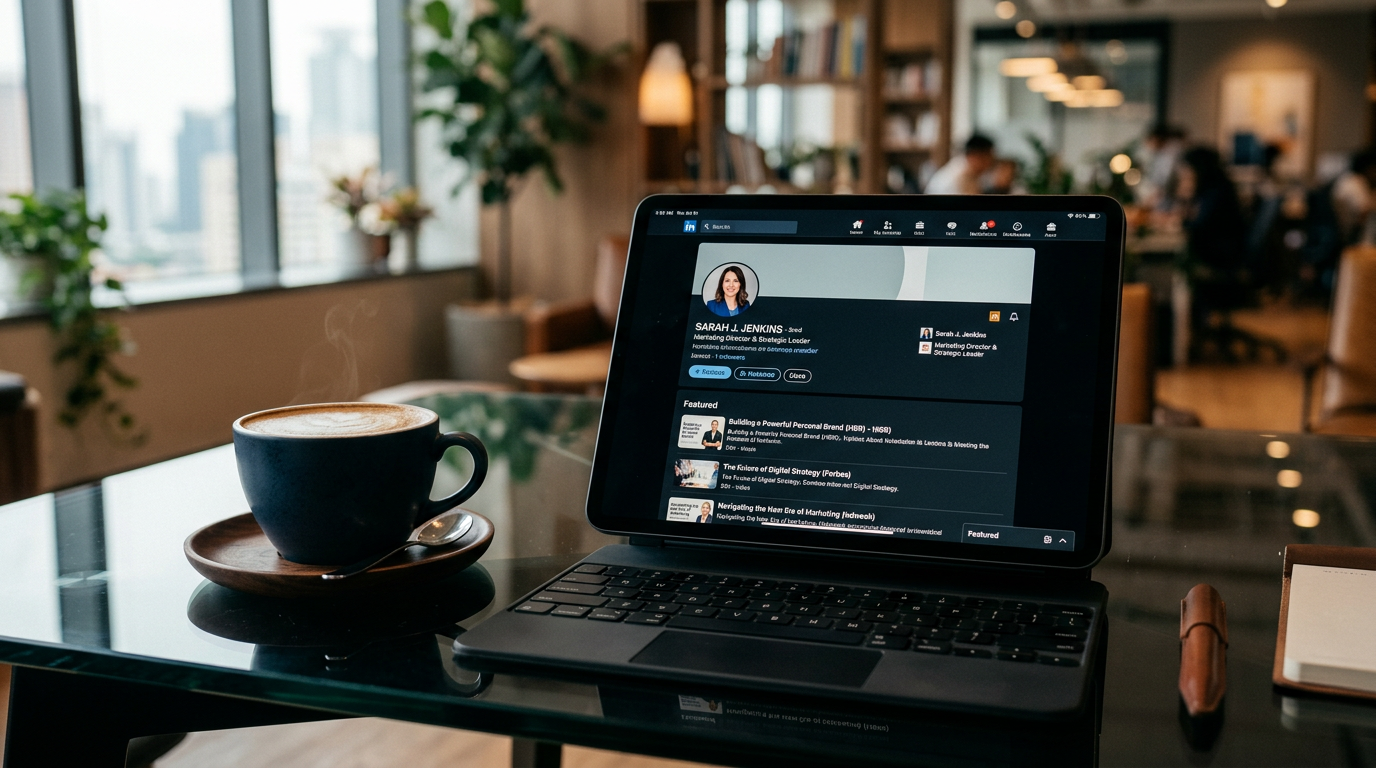 Digital tablet showing a LinkedIn profile with featured media articles