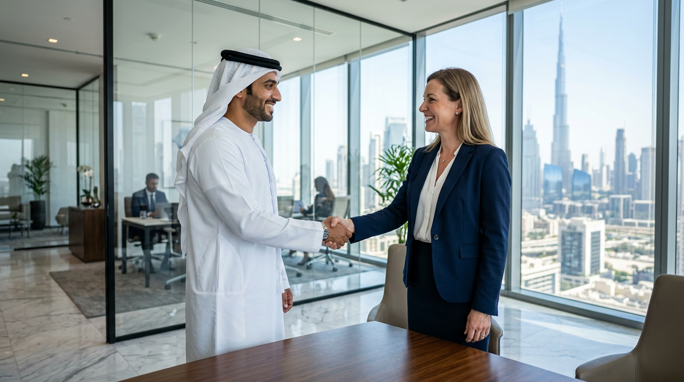 Two business professionals shaking hands in Dubai office