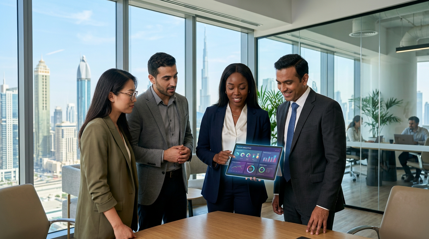 Diverse HR management team analyzing data in a Dubai corporate boardroom