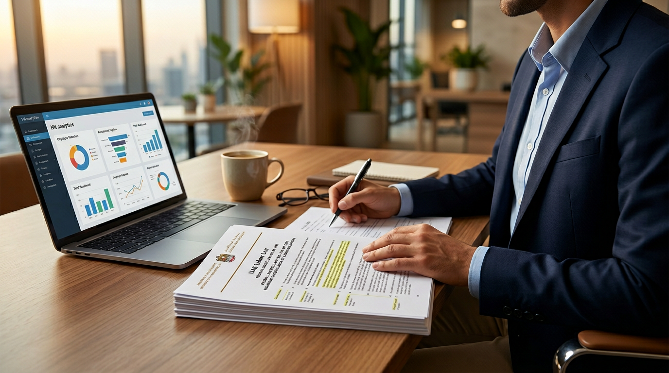 HR Manager studying UAE labor law documents on a desk