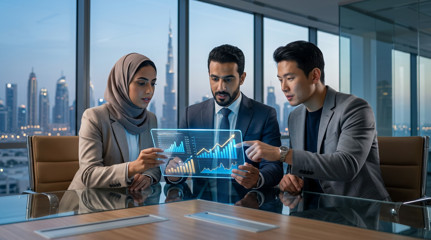 Diverse team of financial auditors reviewing digital charts in a Dubai boardroom