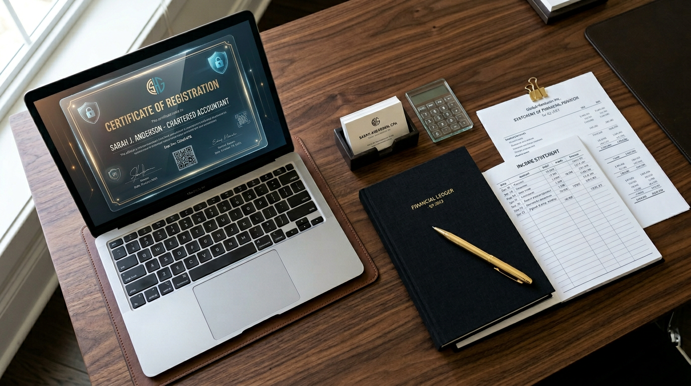 Flat lay of accounting documents and a digital certificate of registration