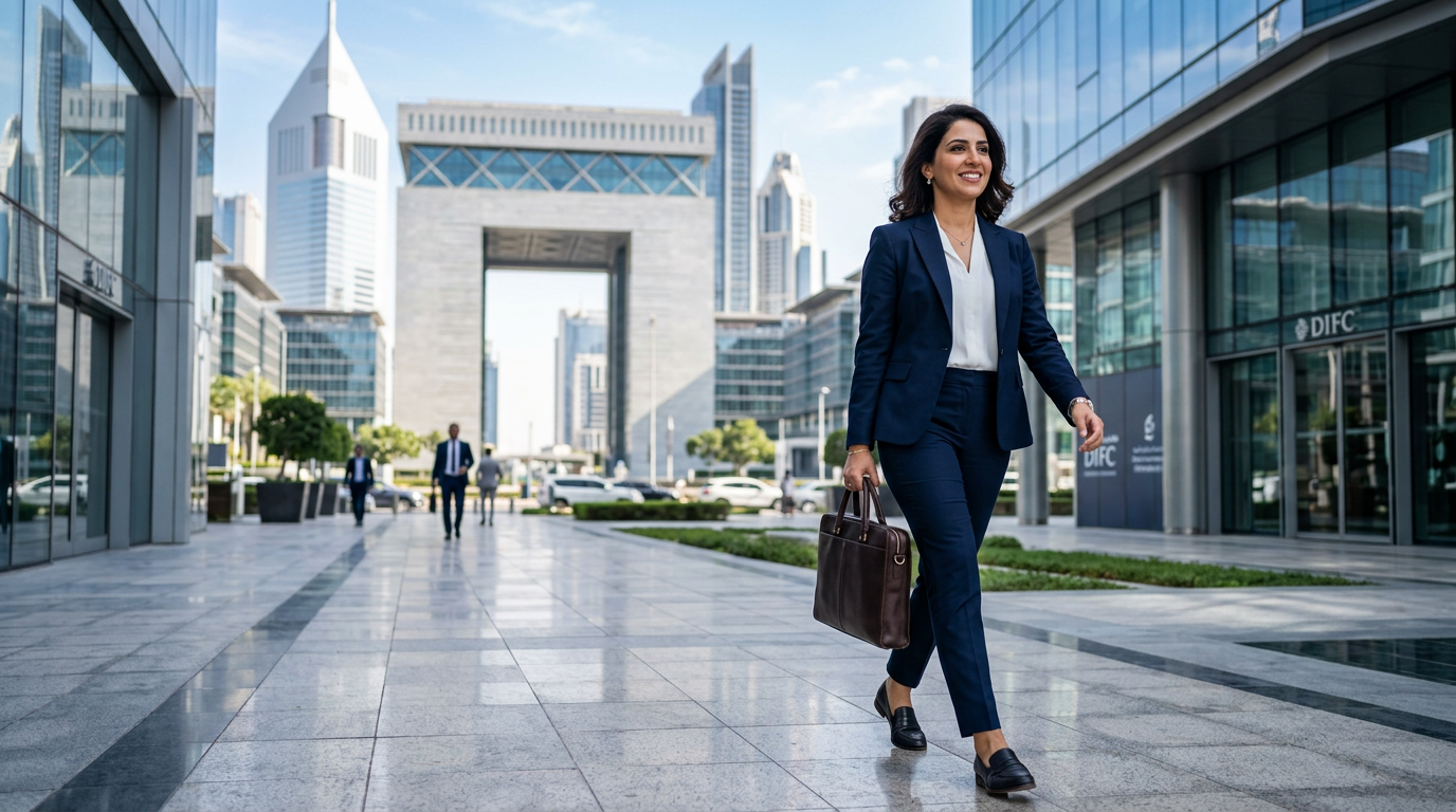 Confident female Chartered Accountant walking through Dubai International Financial Centre
