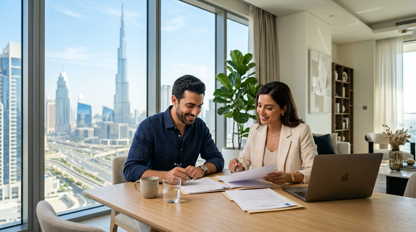 Expat family reviewing a job offer and budgeting at a modern dining table in Dubai