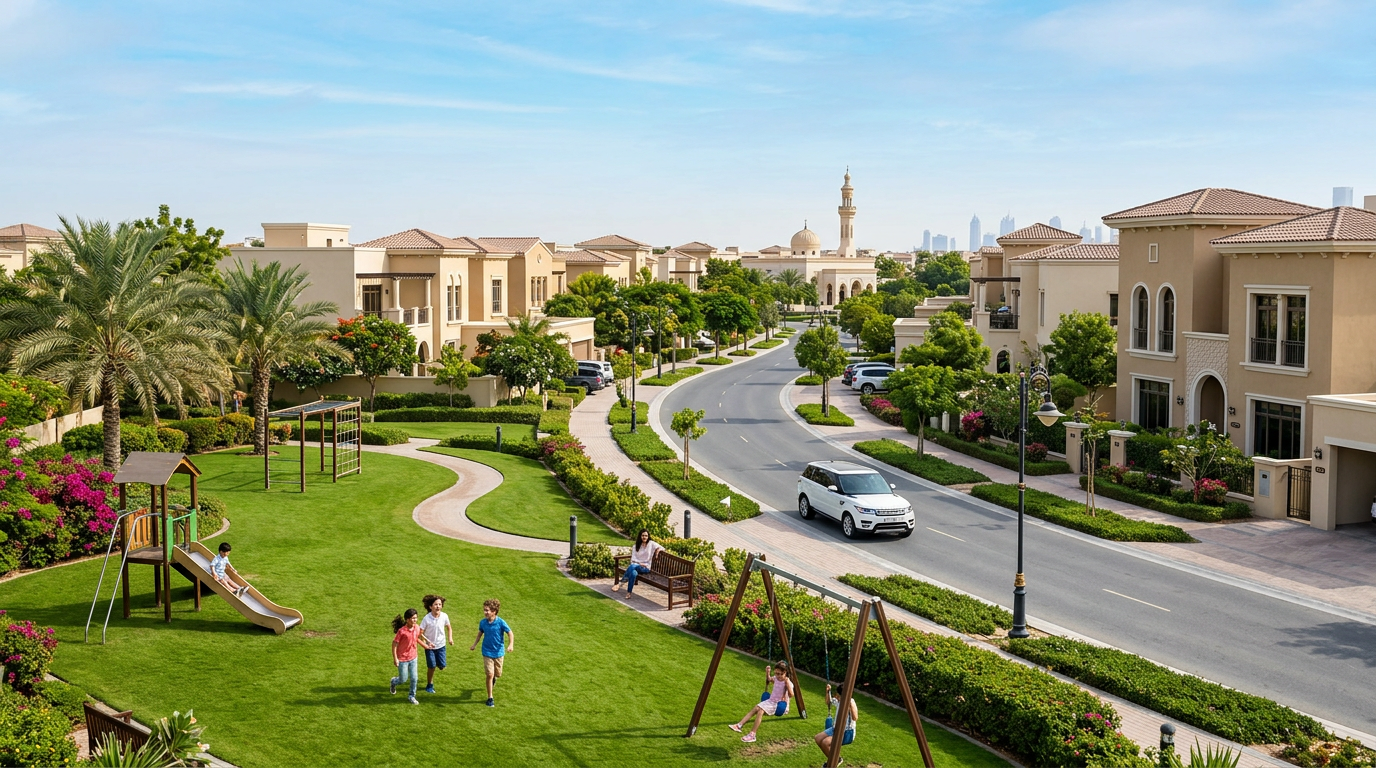 A sunny, family-friendly villa community in Dubai with green parks and modern homes