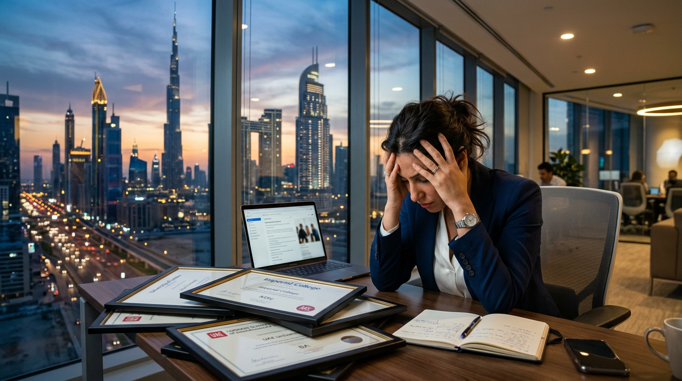 Frustrated professional looking at degrees in a Dubai office