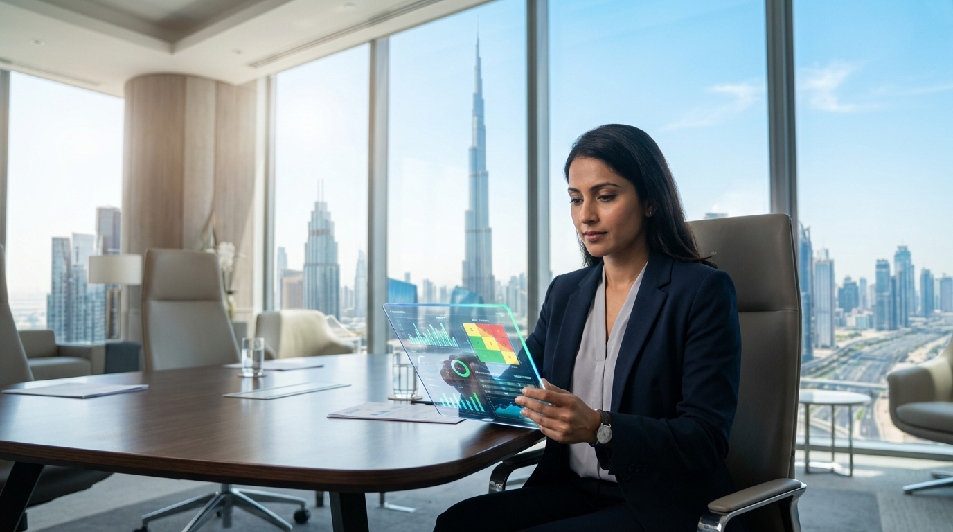 A high-end corporate boardroom in Dubai with professionals reviewing complex data