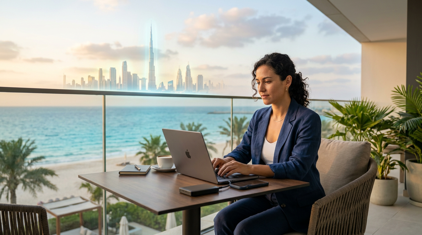 Professional working remotely on a laptop with a modern Dubai skyline faintly visible in the background