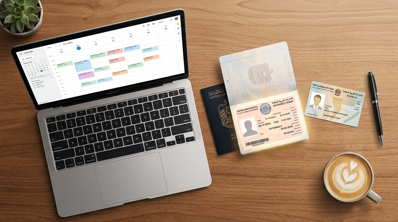 Illustration showing a UAE residency visa, a passport, and a laptop