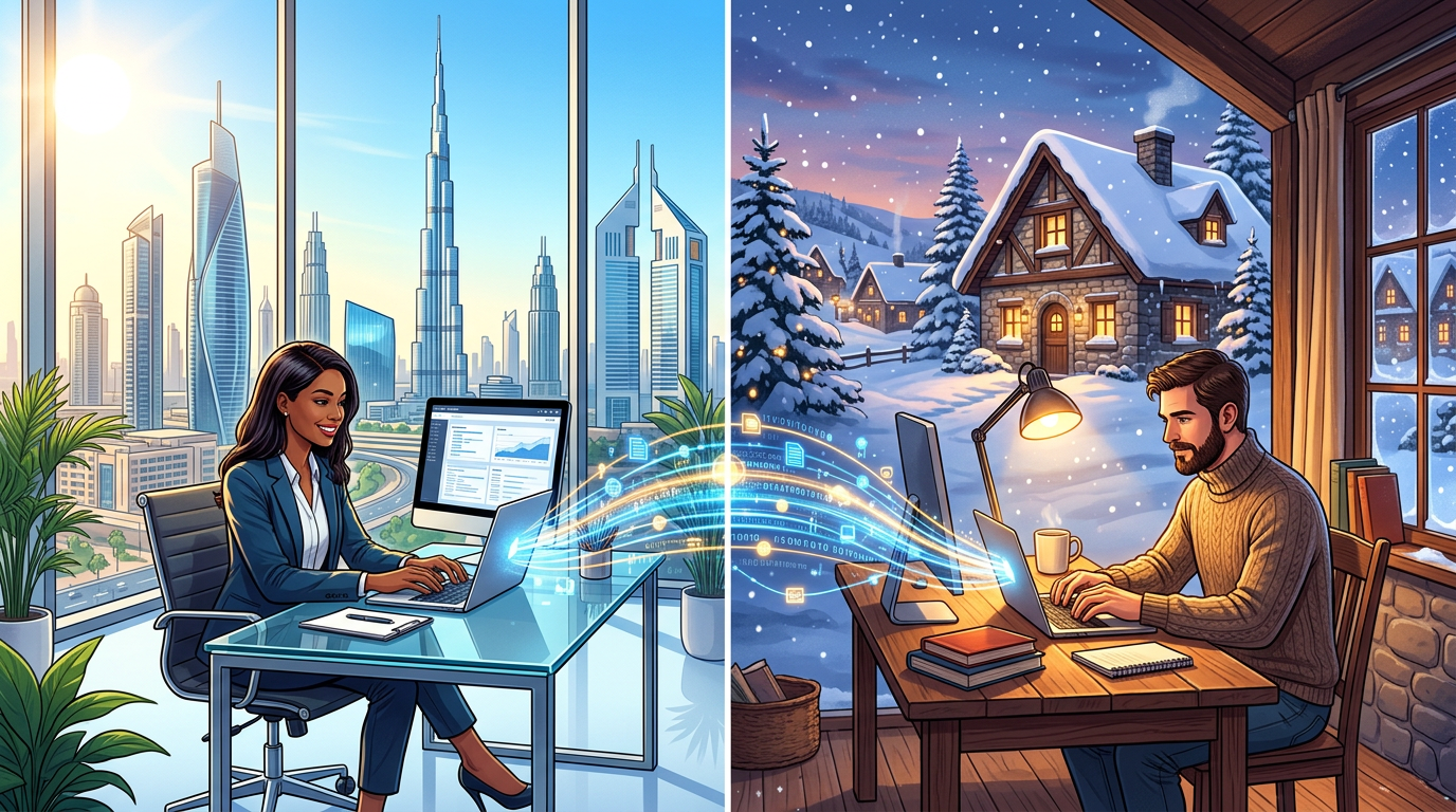 Split screen image showing Dubai skyscrapers on one side and a cozy European home office on the other