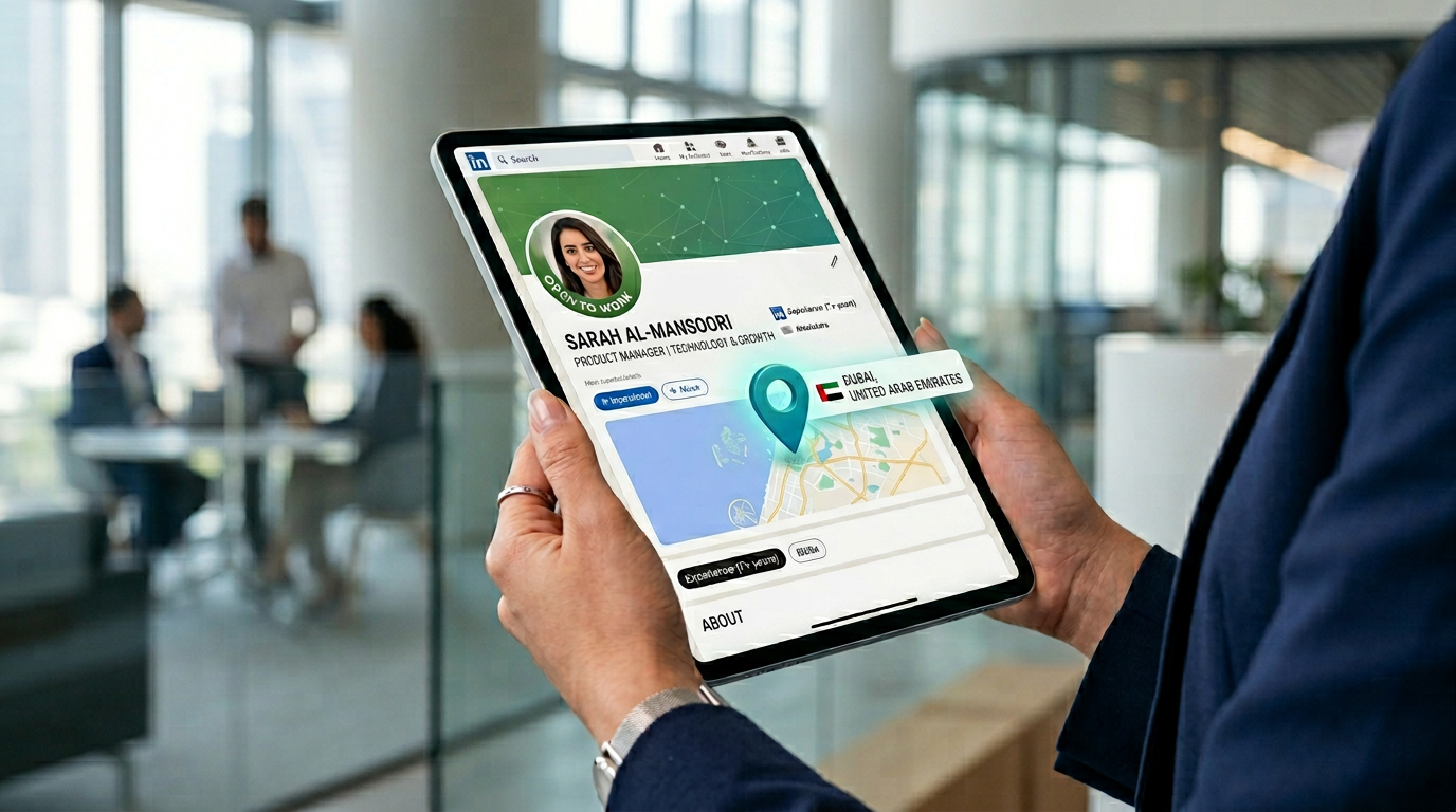 A close up of a LinkedIn profile on a tablet showing a Dubai location pin and an open to work badge.