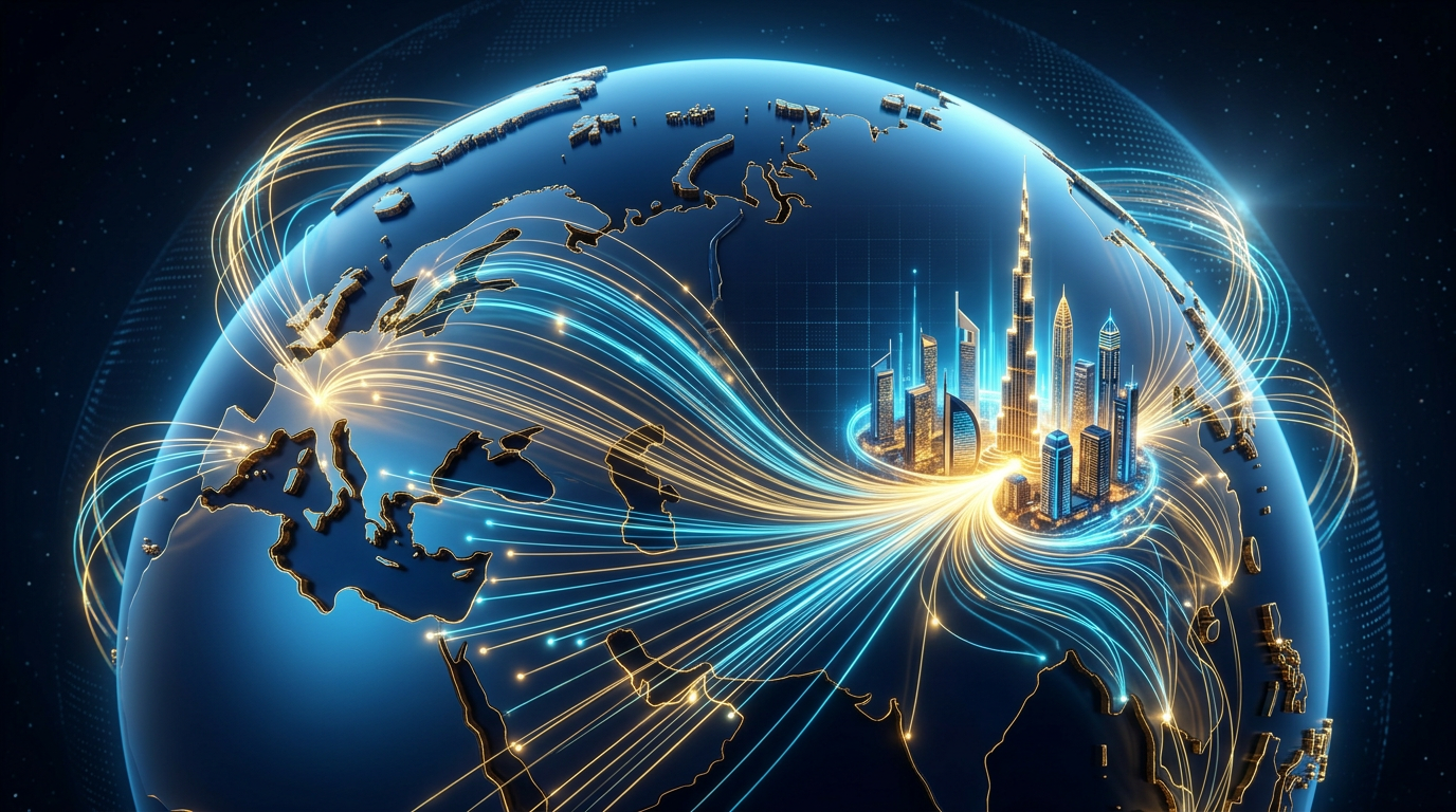 A global 3D networking map showing connections converging on Dubai.
