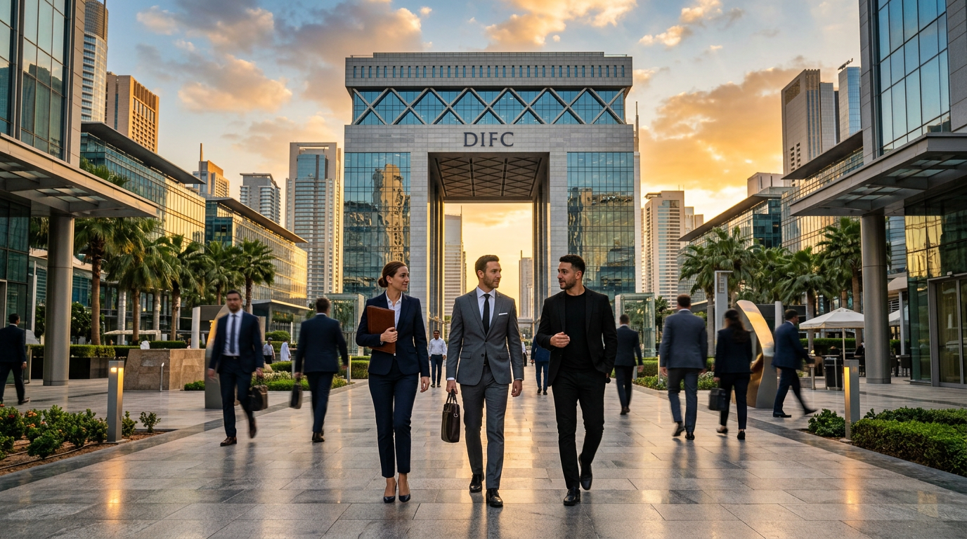 Finance professionals walking outside the DIFC Gate building in Dubai