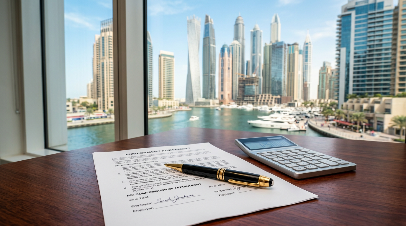 Calculator and job contract on an executive desk overlooking Dubai Marina