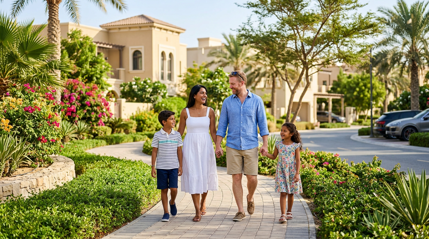 Expat family walking in a lush Dubai residential community