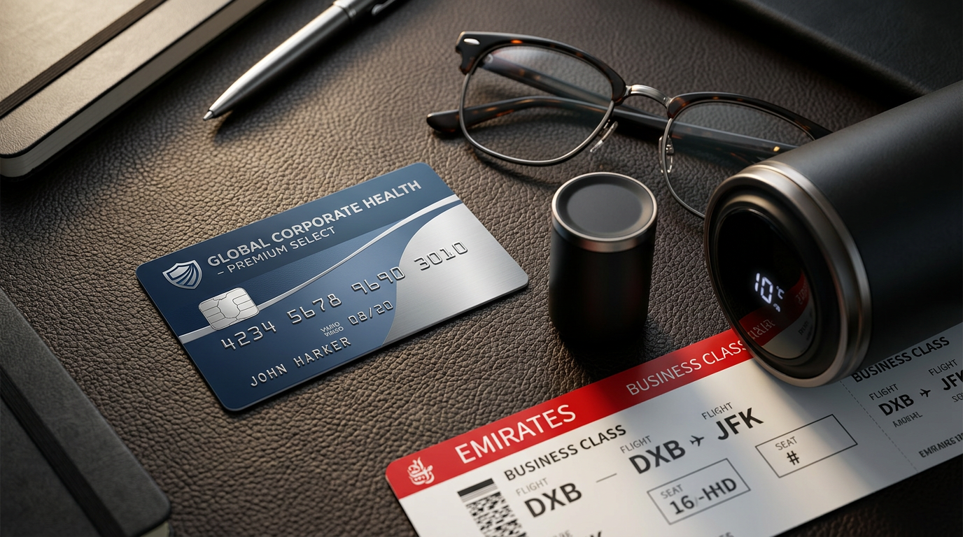 Premium health insurance card and business class flight ticket on a desk