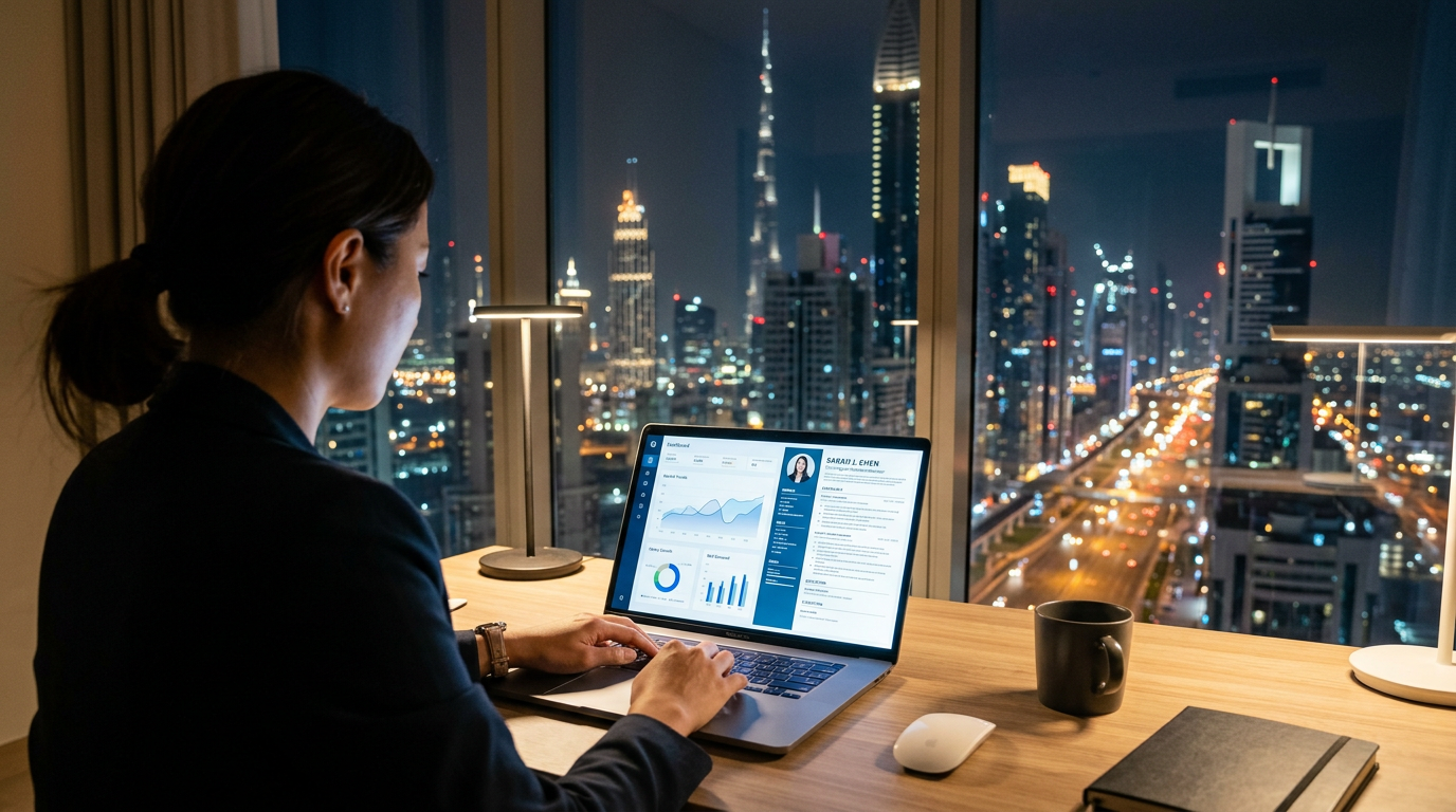 Professional analyzing data to beat ATS filters for Dubai banking jobs