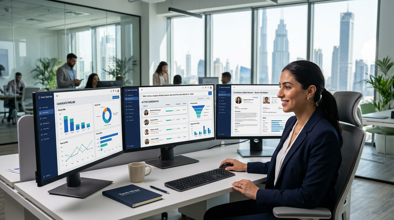 A recruiter looking at a complex CRM dashboard on multiple monitors