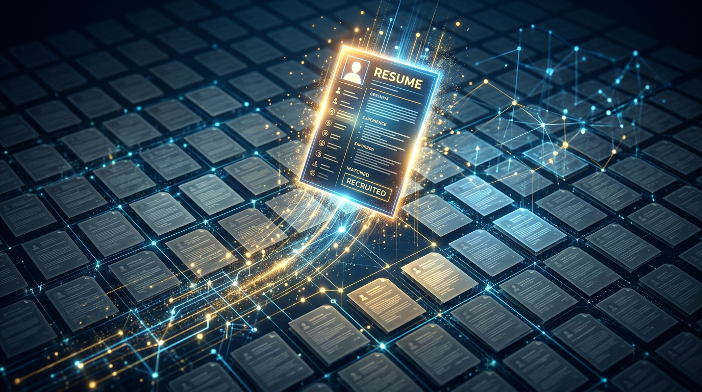 Visualization of a database search pulling a successful resume from a digital file system